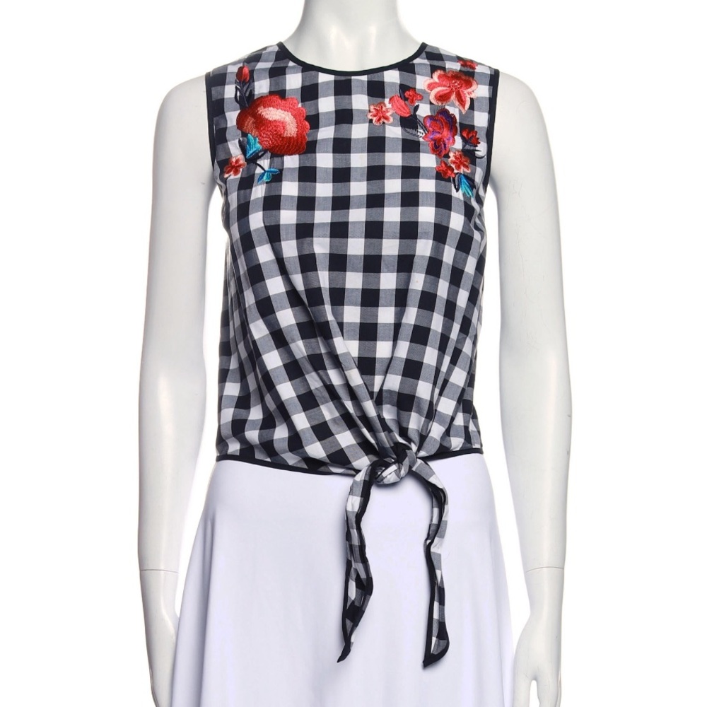 Parker Black and White gingham embroidered tie front Top